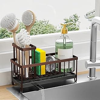 Cisily Kitchen Sink Sponge Holder, Sink Holder with Tall Brush Holder, Rustproof 304 Stainless Steel Dish Organizer, Soap Dispenser Storage (Brown