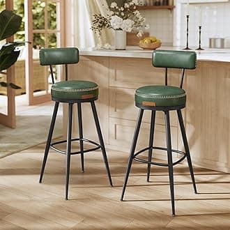 EKHO Collection - Bar Stools Set of 2, Swivel Bar Height Bar Stools with Back, Synthetic Leather with Stitching, Mid-Century Modern, 30-Inch Tall Barstools for Kitchen Home Bar, Forest Green