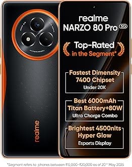 realme NARZO 80 Pro 5G (Nitro Orange,12GB+256GB) | Segment's 1st MediaTek Dimensity 7400 Chipset | 6000mAh Titan Battery + 80W Ultra Charge | 4500nits HyperGlow Esports Display | IP69 Waterproof