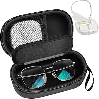 GWCASE Portable 2 in 1 Contact Lens Case and Glasses Case, Traveling Contact Cases Bag Box Holder with Soak Storage Kit Included Built-in Mirror, Tweezer, Lens Solution Bottle and Hand Strap-Black