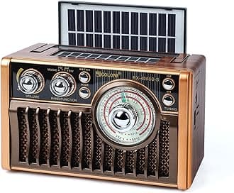 Portable AM FM Radios, Retro Radios with High-Powered Speakers, Support USB Power and Solar Panels Charging.Bluetooth TF Card (Coffee)