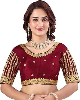 Pujia Mills Women's Readymade Blouse Embroidery Multi Coding Gold Thread Indian Ethnic Designer Stitched Readymade Saree Half Sleeve Blouse for Women for Saree Lehenga Choli