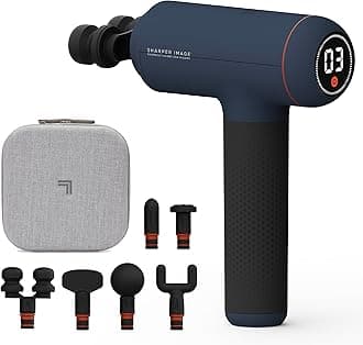 Sharper Image Deep Tissue Percussion Massage Gun, Powerboost Max Rechargeable Handheld Massager, 7 Adjustable Speeds, 6 Attachment Heads & Carrying Case, Full Body Muscle Pain Relief, Blue