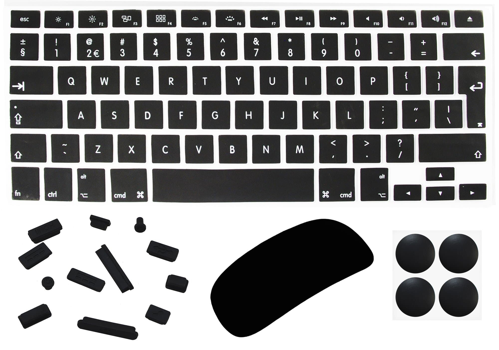 4 in 1 Lilware Accessory Kit for Apple MacBook Air 13”. Set of Waterproof UK / EU International Keyboard Cover (Compatible Also with MacBook Pro 13.3” and 15.4“ Retina) + Magic Mouse Skin Protector + Anti Dust Plugs + 4 Pack Replacement Rubber Feet. Black