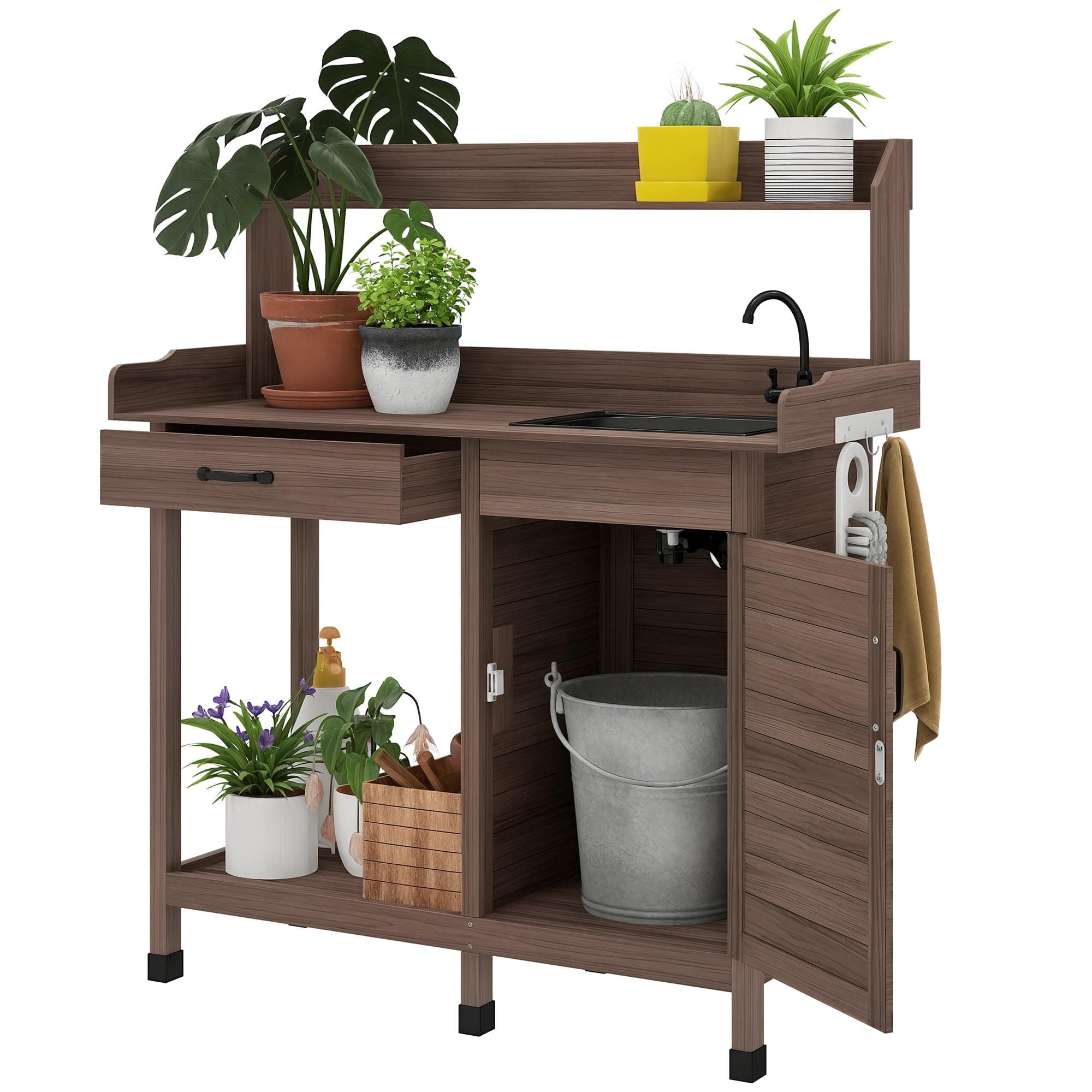 Potting Bench Table with Sink, Outdoor Work Bench Table with Storage Cabinet, Hooks, Removable Sink, Faucet and Drawer for Greenhouse, Garden, Patio, Dark Brown
