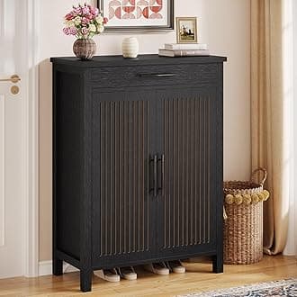 Tribesigns Shoe Cabinet, 5-Tier Shoe Storage Cabinet with Louvered Doors and Drawer, Freestanding Wooden Shoe Rack Organizer with Adjustable Shelves for Entryway, Hallway, Closet, Black