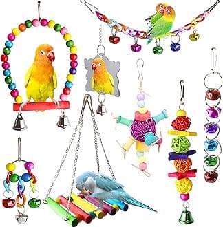 8 Pcs Bird Budgie Parakeet Toys, ESRISE Hanging Bell Budgie Swing Cockatiel Wooden Perch Chewing Toy for Small Parrots, Conures, Love Birds (Muliti-A)