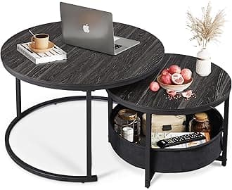 WLIVE Round Coffee Table Set of 2, 80CM Coffee Tables for Living Room, Small Nest of Tables with Storage for Small Space, Bedroom, Charcoal Black