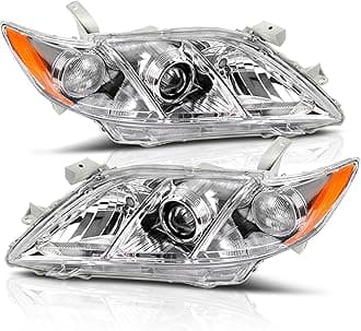 Projector Headlight Assembly Compatible with 2007 2008 2009 Camry 07 08 09 Camry (Exclude Hybrid) Replacement Headlamps Left and Right Pair Chrome Housing Amber Reflector Clear Lens
