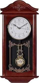Clockswise Vintage Grandfather Wood - Looking Plastic Antique Pendulum Wall Clock for Living Room Decor, Kitchen, Office, Or Dining Room, Silent Wall Mount Battery-Operated, Large Brown
