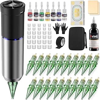 Tattoo Gun Kit,Solong Wireless Tattoo Kit 1600mAh Power 2 Operating Modes with LED Display 20Pcs Assorted Tattoo Needles and Ink Travel Bag Complete Tattoo Supplies SLE72KIT-7