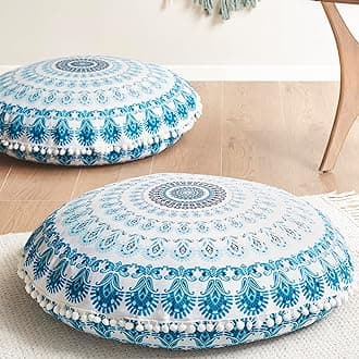 Codi Meditation Floor Pillow Set of 2, Round Large Pillows Seating for Adults, Bohemian Mandala Circle Cushion for Outdoor Fireplace Yoga Living Room, 32 Inch, Memory Foam Added, Aqua