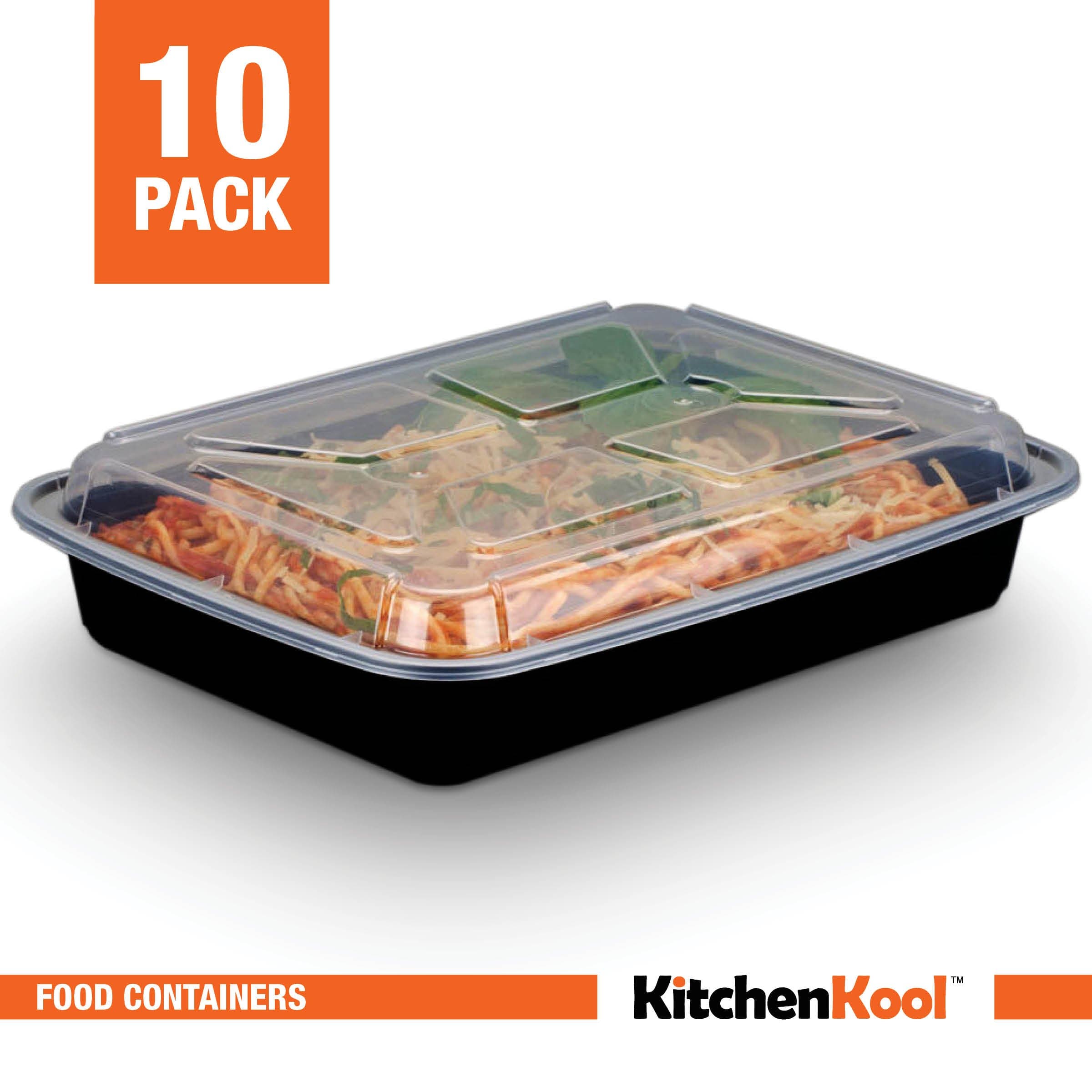 KitchenKool 10-Pack, Microwave Safe Food Container with Lid, Bento Box, Lunch Tray with Cover, Reusable, Dishwasher Safe, Black, 58oz
