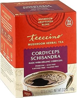 Teeccino Mushroom Adaptogen Herbal Infusion Cordyceps Schisandra Cinnamon Berry Health Support with Mushrooms & Adaptogenic Herbs Cognitive Tea, 10 Bags