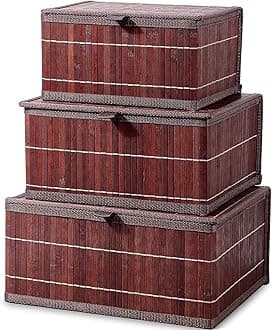 Honygebia Bamboo Decorative Storage Boxes - Set of 3 Woven Lined Storage Basket with Lids, Retro Brown Wicker Lidded Baskets for Home Kitchen Shelf Organizer Decor