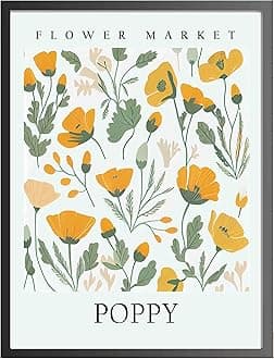 Poppy Art Print, Flower Market Poster Wall art Decor, Botanical Floral Artwork for Bedroom, Bathroom, Living room Decoration (Poppy, 16x20 inches + (Black Frame))
