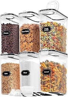 – Skroam Cereal Containers Storage of 6 [4L/135.2 oz], Airtight Food Storage Containers with Lids, Plastic Cereal Dispensers for Kitchen & Pantry Organizers and Storage, Measuring Cup & 20 Labels