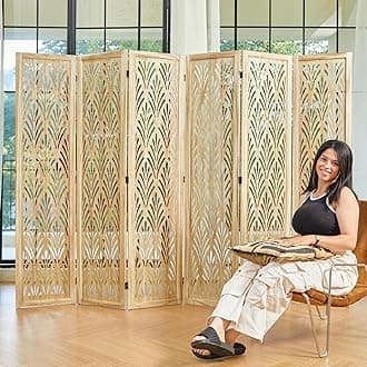 5.6Ft Room Divider Folding Wood Simple Carved Partition Screen for Home Office Garden - 6 Panels (Natural)