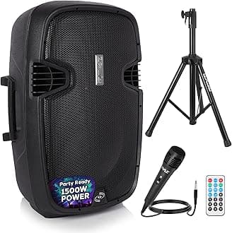 PPHP155ST Wireless Portable PA Speaker System - 1500W High Powered Bluetooth Compatible Active Outdoor Sound Speakers w/ USB SD MP3 RCA - 35mm Mount, Stand, Microphone, Power Cable, Black, 15"