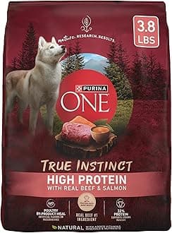 Purina ONE Natural High Protein Dry Dog Food Dry True Instinct with Real Beef and Salmon With Bone Broth and Added Vitamins, Minerals and Nutrients - (Pack of 4) 3.8 lb. Bags