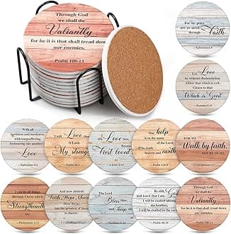 Hushee 12 Pcs Ceramic Drink Coasters with 1 Holder Holiday Cup Coasters with Cork Backing for Home Table Protection Wine Cups Coffee Bar Party Gifts(Bible Style)