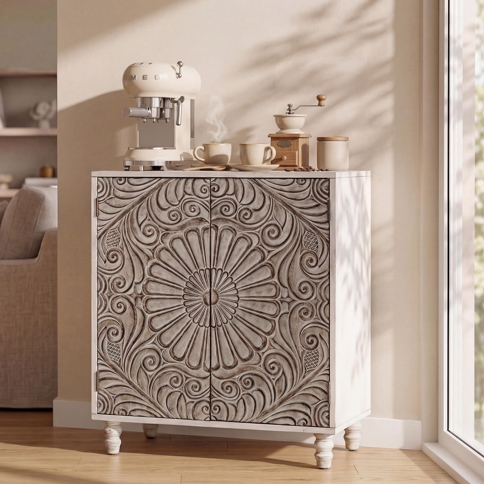 COSIEST 32" W Sideboard Buffet & Bar Cabinet with Storage, Accent Cabinet with 2 Push-to-Open Magnetic Doors, Vintage MDF Buffet Table for Living Room, Kitchen, Hallway (Gray,Flower Pattern)