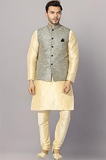 Uri and MacKenzie Men's Silk Blend Regular Kurta Churidar Pyjama with Bundi Nehru Jacket/Waistcoat