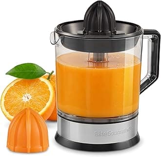 Elite Gourmet ETS740 BPA-Free 40-Watt Electric Citrus Juicer with 2 Cones, Compact, Large Volume, Pulp Control, Oranges, Lemons, Limes, Grapefruits with Easy Pour Spout, 1.2L, Black/Stainless Steel
