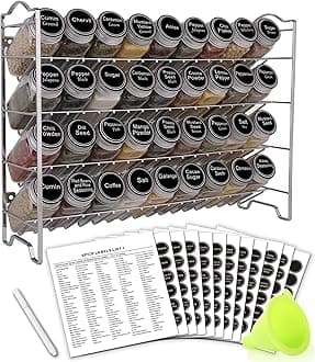 SWOMMOLY Spice Rack Organizer with 36 Empty Square Spice Jars, 396 Spice Labels with Chalk Marker and Funnel Complete Set, for Countertop, Cabinet or Wall Mount,Silver