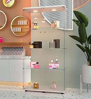 Modern Glass Display Cabinet 4-Shelf with LED Light and Lock, 2 Door Curio Cabinets, Tempered Glass Collection Display Showcase for Living Room Home Office,30.9x13.5x64.6 H,White