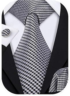 Barry.Wang Black Grey Tie Set Hanky Cufflinks Necktie for Men Check Plaid