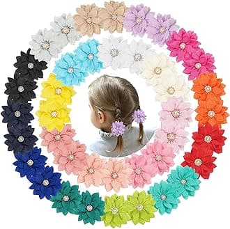 40Pcs Baby Chiffon Flower Hair Ties for Toddler Girls - 2.2 Inch Handmade Pearl Rhinestone Chiffon Flower Soft Elastics Ponytail Holders for Newborns to Kids