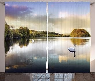 Ambesonne Cottage Decor Collection, Swans Resting on a Lake Covered by Forest in the Scottish Highlands Picture, Living Room Bedroom Curtain 2 Panels Set, 108 X 84 Inches, Green Blue Grey White