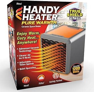 - Ontel Handy Heater Pure Warmth 1200W Personal Ceramic Space Heater with Adjustable Heat - Portable, Quiet & Energy Efficient Small Space Heater for Bedroom, Office, Garage & More