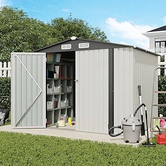 Verano Garden 8x6 FT Outdoor Storage Shed, Galvanized Steel Metal Garden Shed, Double Door W/Lock, Outdoor Storage Tool House for Backyard, Patio, Lawn