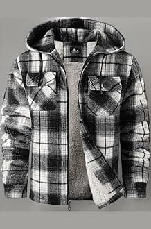 SCODI Men's Flannel Shirt Jacket Fleece Sherpa Lined Plaid Jackets Coat Full Zip Up Hoodie Winter Outwear