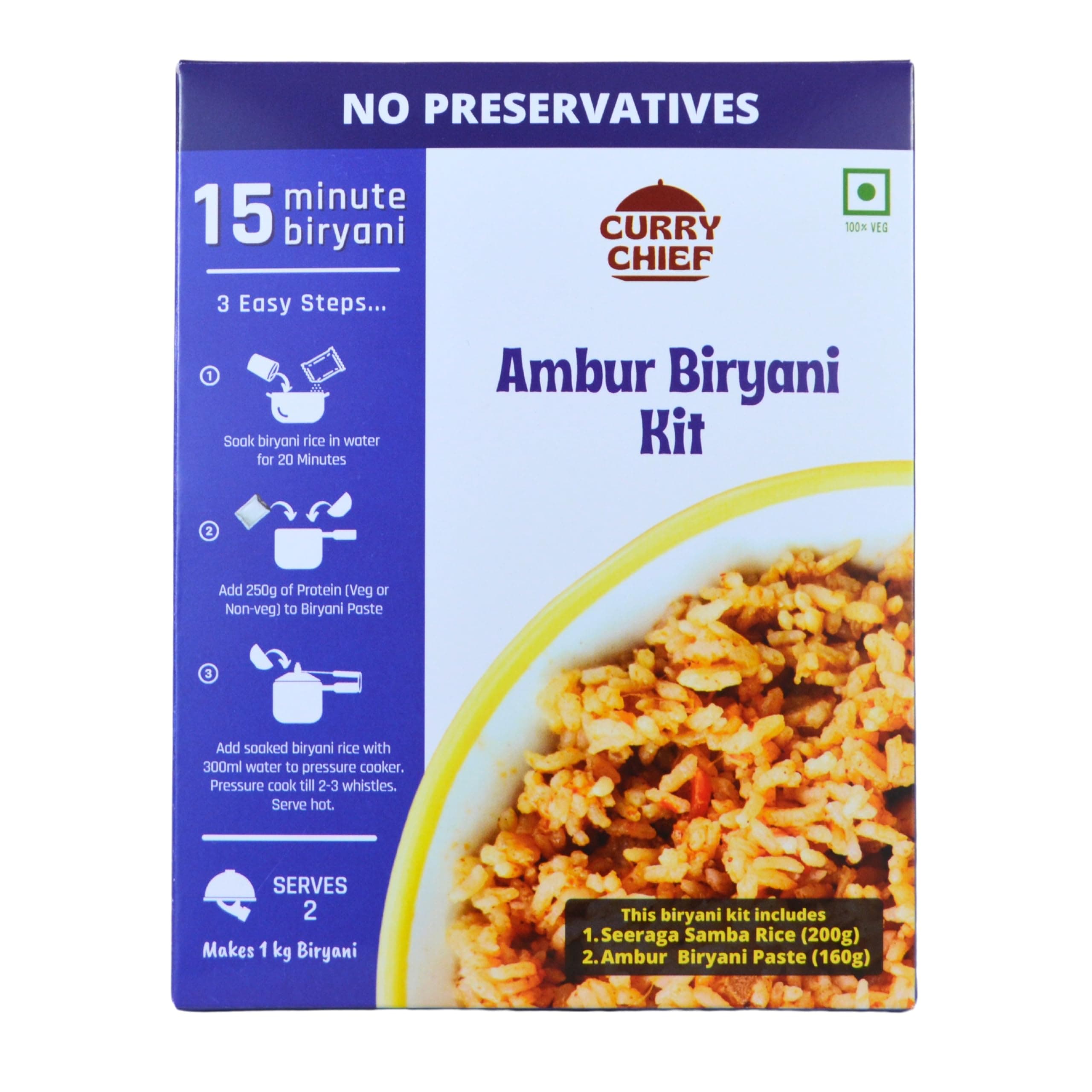 Ambur Biryani Kit, Includes Biryani Paste + Seeraga Samba Rice, Just add Protein & Water to cook, Biryani Masala, 100% Natural, 100% Home Ingredients, No Preservatives, No Added Flavors, Makes 1 KG, Serves 2