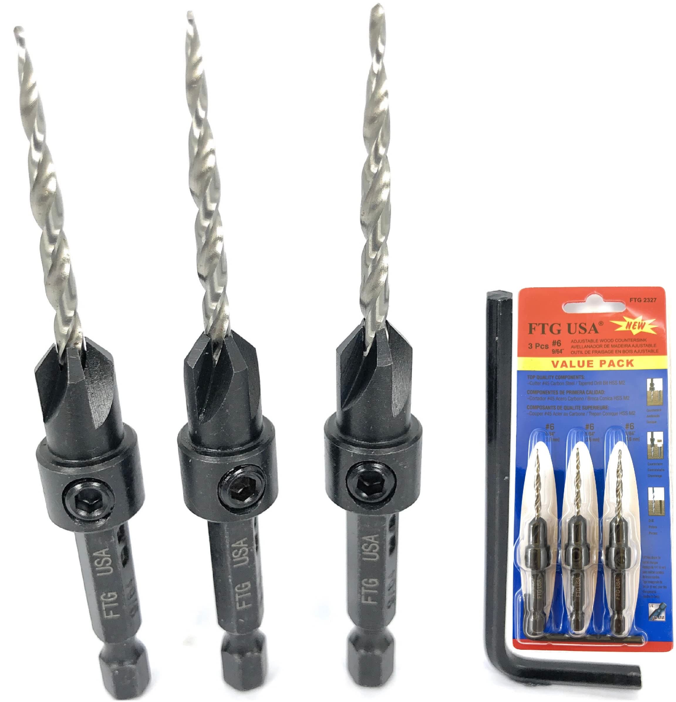 FTG USA 3 Pc #6 (9/64") Adjustable Wood Countersink Drill Bit Set