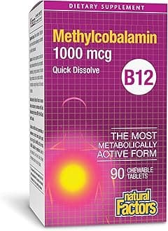 Vitamin B12 Methylcobalamin 1000 mcg, Chewable Support for Energy and Immune Health, Vegetarian, Gluten Free, 90 tablets (90 servings)