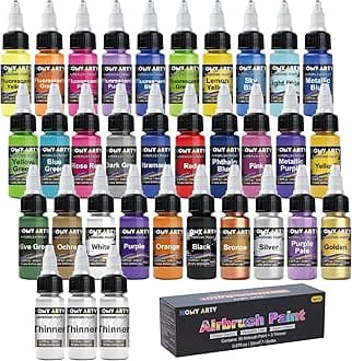 Airbrush Paint - 30 Colors with 3 Thinner, Ready to Spray Airbrush Paint Set, Water-Based Acrylic Air brush Paints for Metal, Plastic Models, Canvas, Wood - 33 Bottles