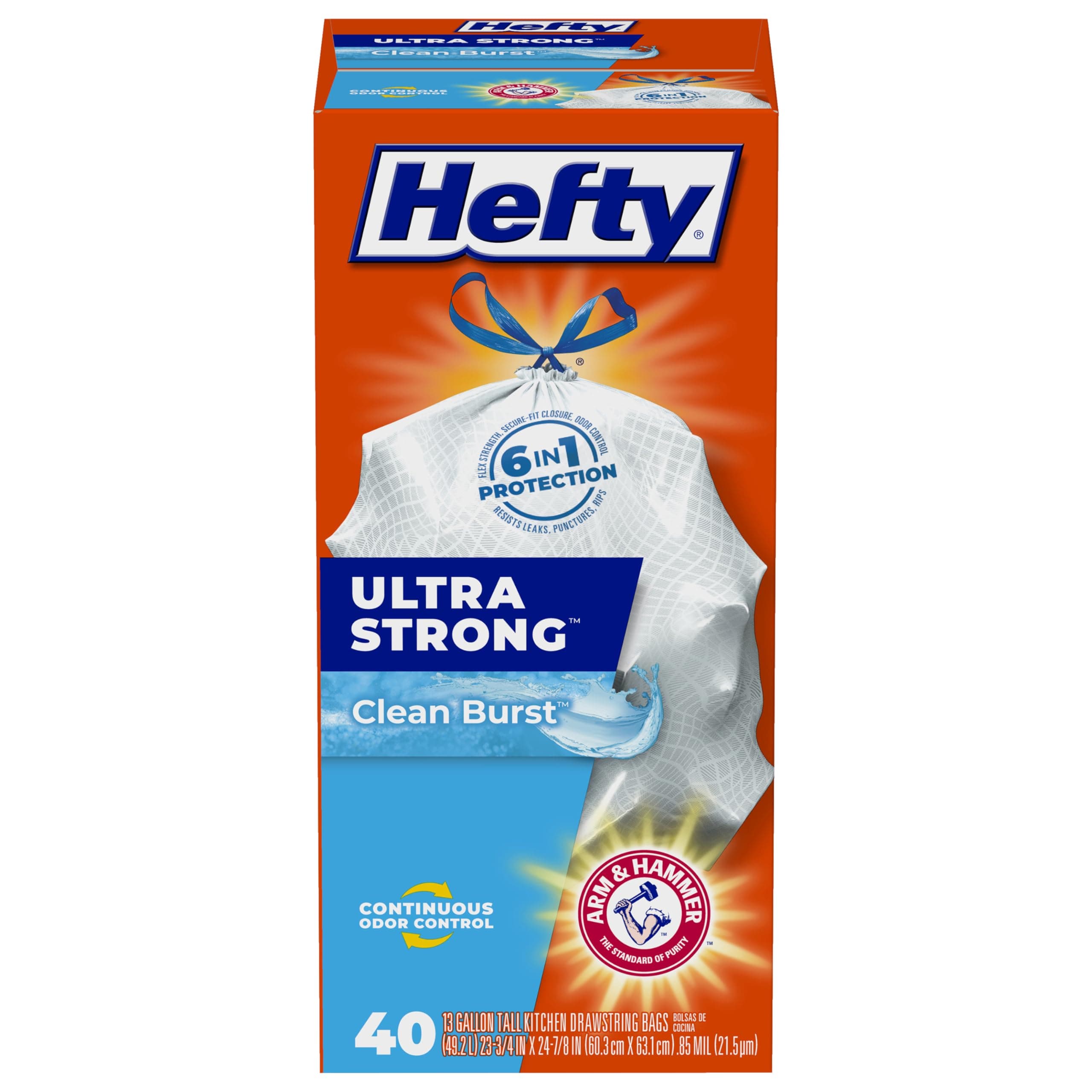 Hefty Ultra Strong Tall Kitchen Drawstring Trash Bag, Clean Burst, 40 Count