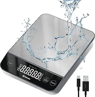 Food Kitchen Scale 22lb, Digital Weight Grams and Oz for Weight Loss, Baking and Cooking, 0.05oz/1g Precise Graduation,5 Weight Units, IPX6 Waterproof, USB Rechargeable,304 Stainless Steel