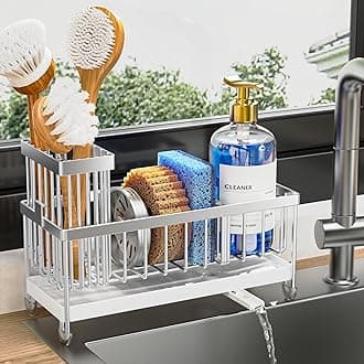 Cisily Sponge Holder for Kitchen Sink, Sink Caddy Organizer with High Brush Holder, Kitchen Countertop Organizers and Storage Essentials, Rustproof 304 Stainless Steel (Silver, 9.25″)
