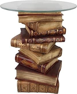 Power Vintage Decor Stacked Books End Table with Glass Top, 21 Inch, Full Color