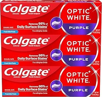 Optic White Purple Toothpaste for Teeth Whitening, Teeth Whitening Toothpaste with Fluoride, Helps Remove Surface Stains, Enamel-Safe for Daily Use, Mint, 3 Pack, 4.2 oz