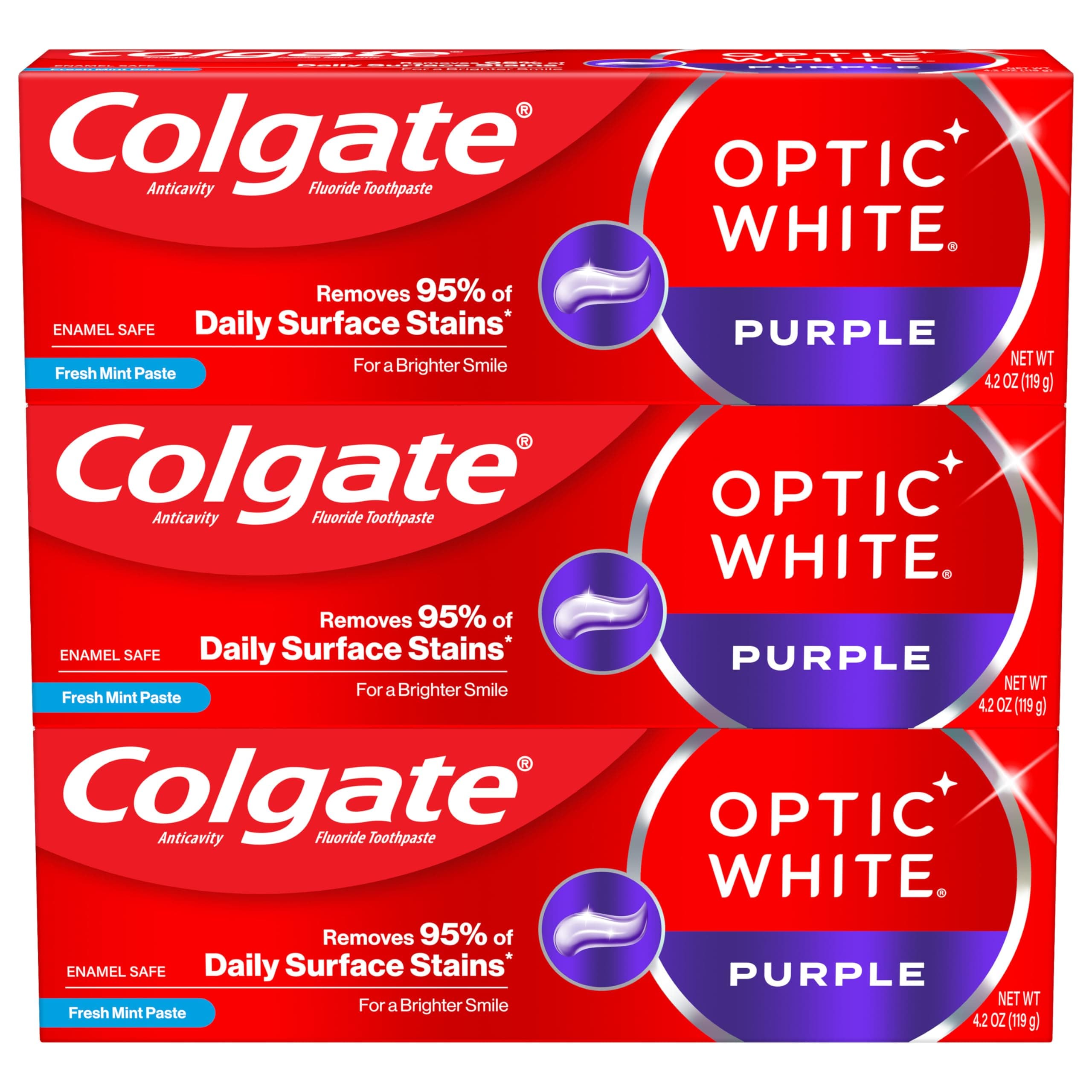 Colgate Optic White Purple Toothpaste for Teeth Whitening, Teeth Whitening Toothpaste with Fluoride, Helps Remove Surface Stains, Enamel-Safe for Daily Use, Mint, 3 Pack, 4.2 oz