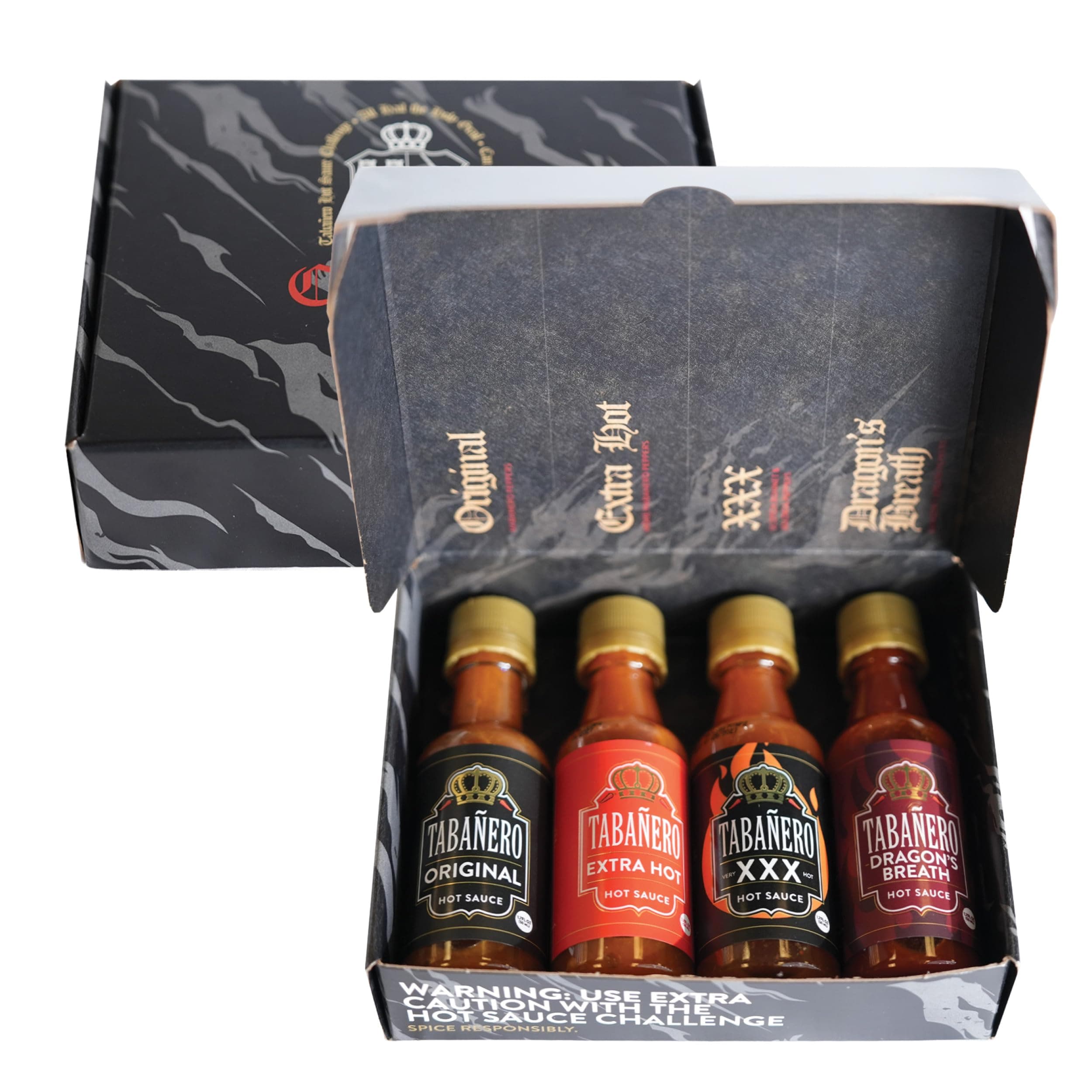 Tabañero Challenge Box, Hot Sauce Gift Set, 4 Pack, Original, Extra, XXX Hot and Dragon's Breath, 1.7 oz Mini Glass Bottles, Gluten Free, All Natural, Low Sodium, Vegan, Kosher, Made in the USA