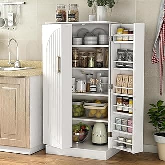 47" Tall Kitchen Pantry Cabinet, Snow-White Pantry Storage Cabinet with Adjustable Shelves, Barn Doors and Drawer Farmhouse Cupboard for Kitchen, Dining Room, Bathroom (16" D x 24" W x 47")