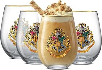JoyJolt Harry Potter Hogwarts Heritage Stemless Drinking Glasses, 19oz Glass Tumblers, Teardrop Glass Drinking Glasses Set of 4, Hogwarts Cup, Harry Potter Gifts for Adults