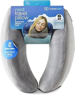– Travelrest Nest Neck Pillow for Travel - Advanced Support for Long Flights, Memory Foam Patented Design for Optimal Relaxation, Ergonomic, and Washable, On-the-Go and Attaches to Luggage - Gray